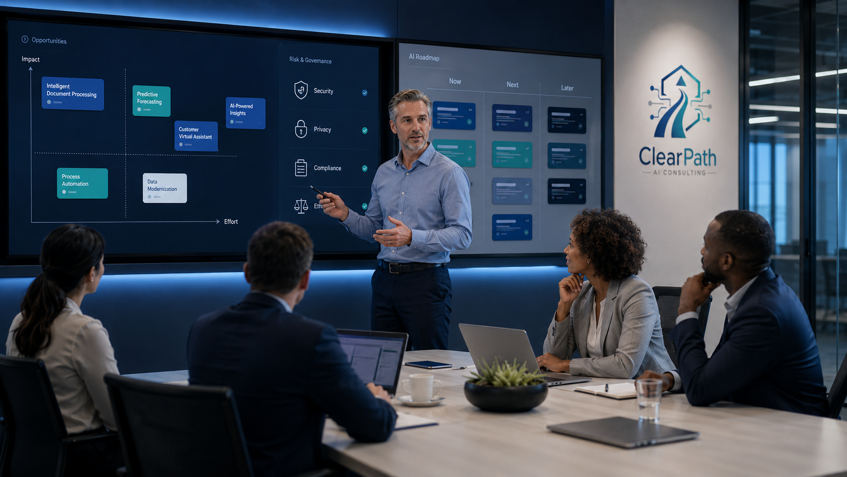 ClearPath AI roadmap presentation with team