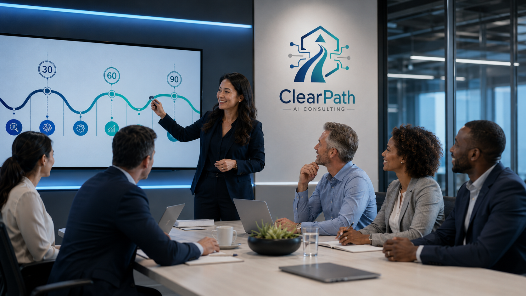 Busy office environment with teams evaluating complex AI decisions