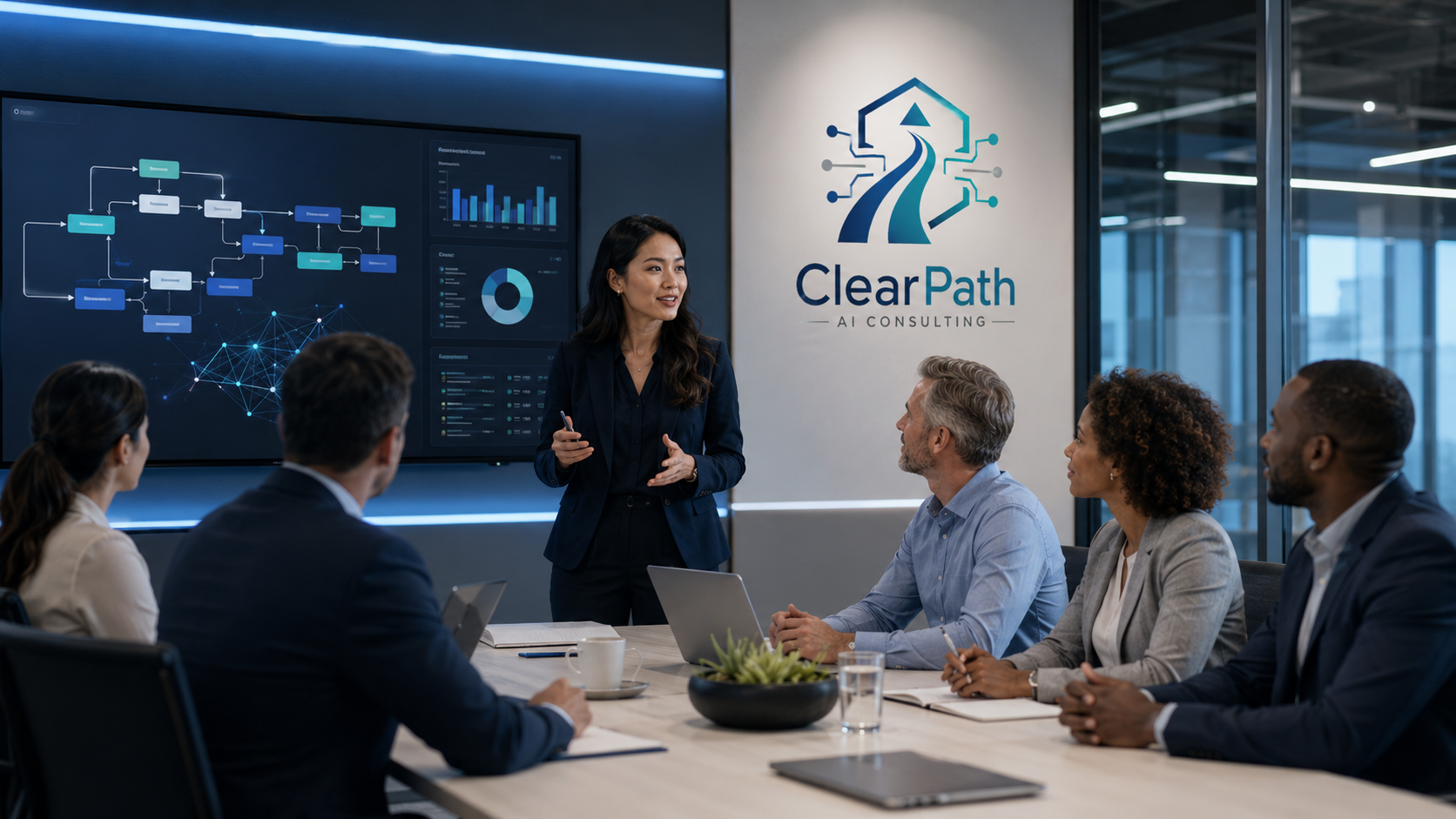 Executive presenting AI evaluation framework to business leaders